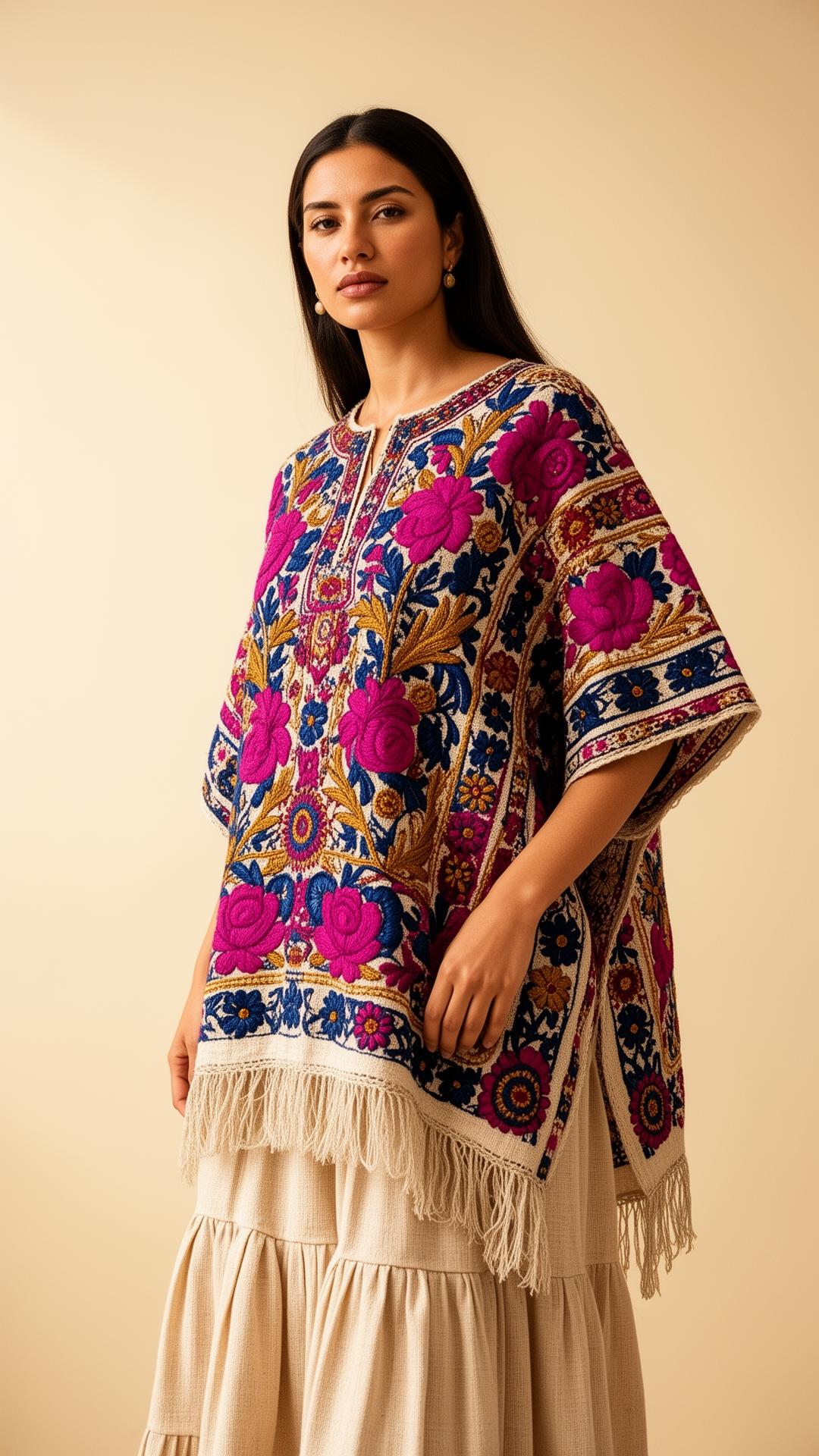 A woman wearing a handwoven huipil with vivid magenta and indigo embroidery